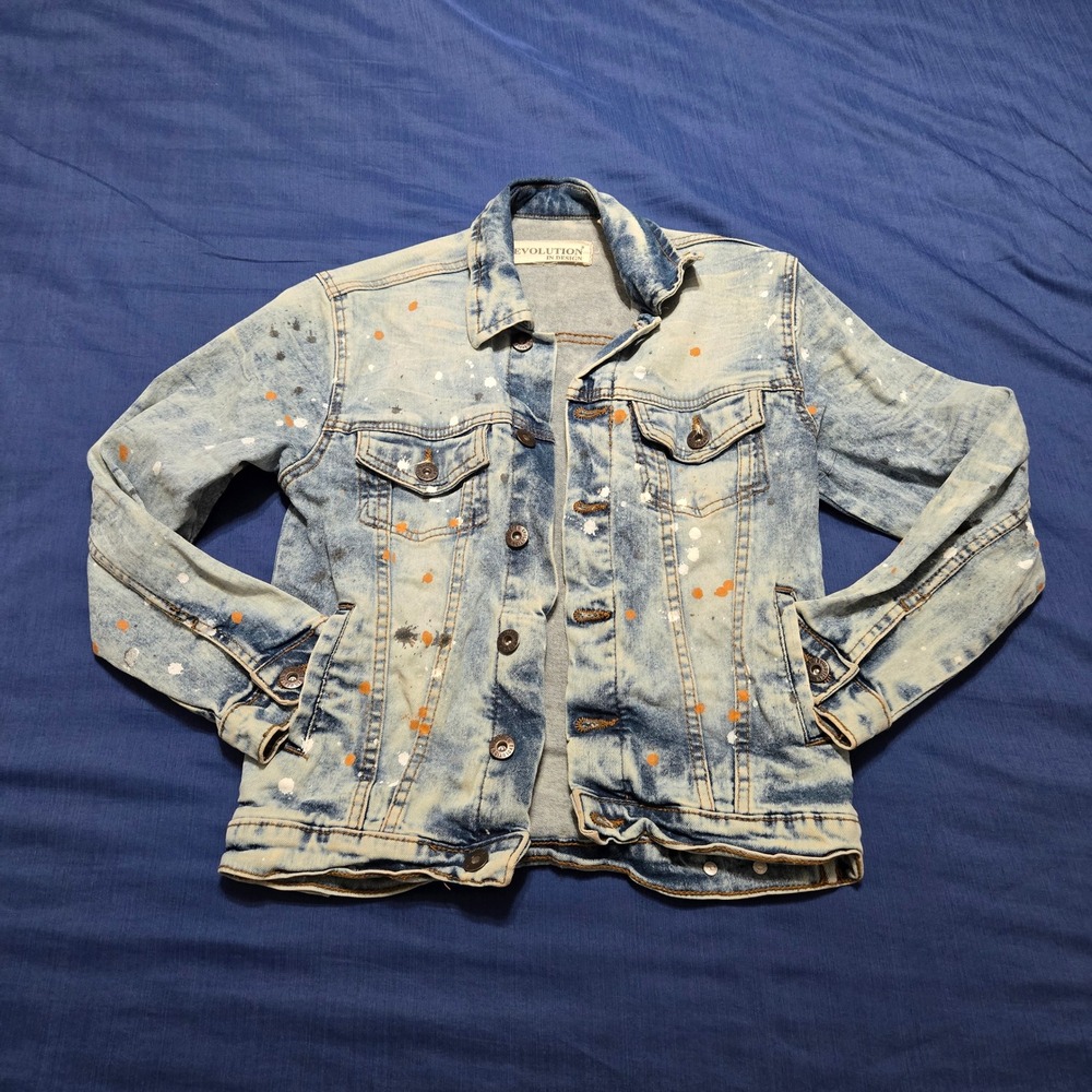 Evolution In Design Denim Jacket Boys S 8 Light Wash Excellent Paint Splatter